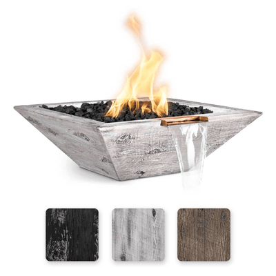 The Outdoor Plus Maya GFRC 24" Wood Grain Concrete Square 12V Electronic Ignition Fire & Water Bowl OPT-24SWGFWE12V