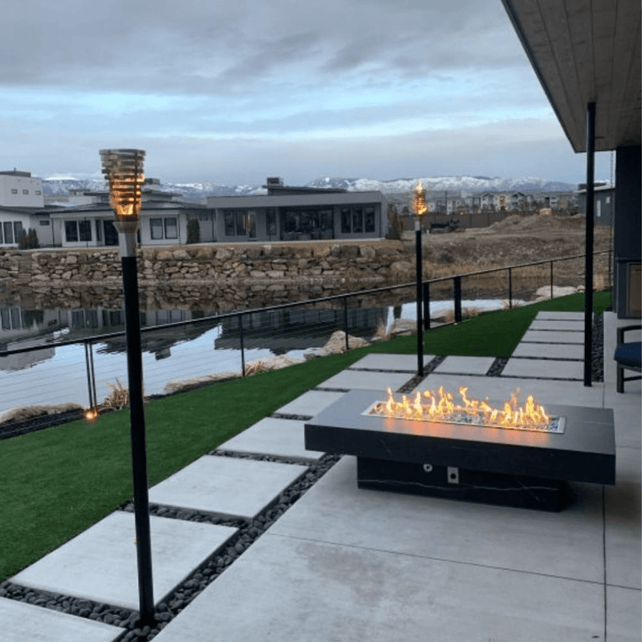 The Outdoor Plus Newport GFRC 144" Match Lit with Flame Sense Concrete Rectangle Fire Table OPT-NPTT144FSML